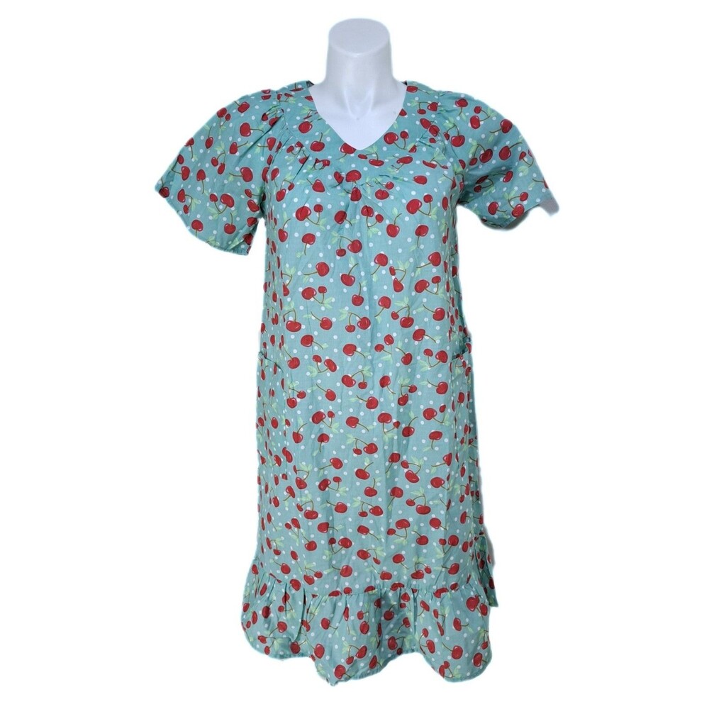 Anthony Richards VTG Teal Cherries Mumu Patio House Dress Midi Women's Size MP - Picture 3 of 9